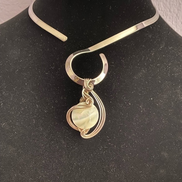 Handmade Mother of Pearl Pendant with Twisted Silver Wire Wrap Design - Picture 1 of 5
